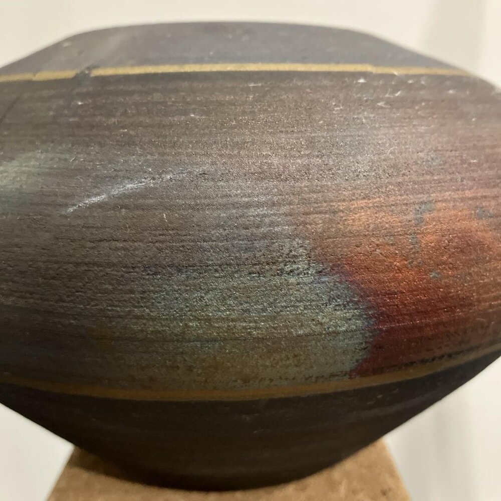 MICHAEL WEINBERG Raku Studio Art Pottery Bowl Vase Blue Red Gold Signed - Picture 8 of 9